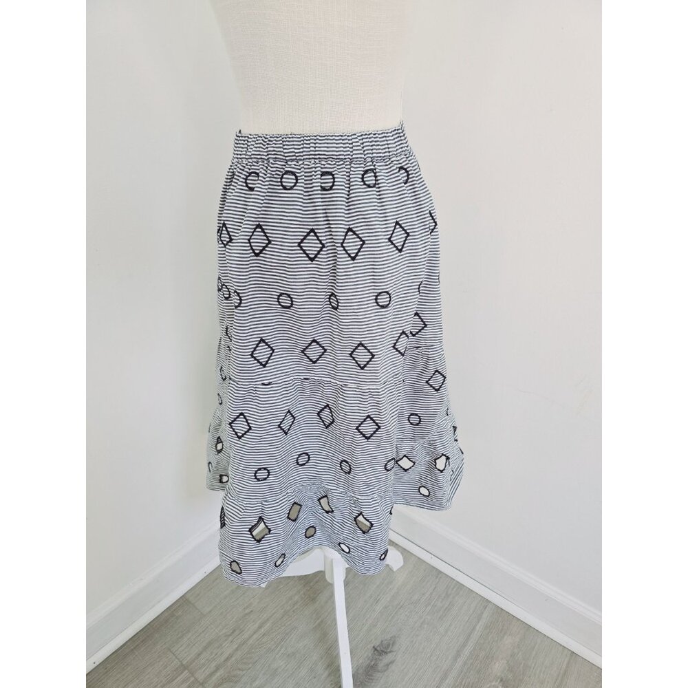 Madewell Embroidered Stripe Midi Navy White 100% Cotton Geometric Full Skirt XS - Picture 9 of 11